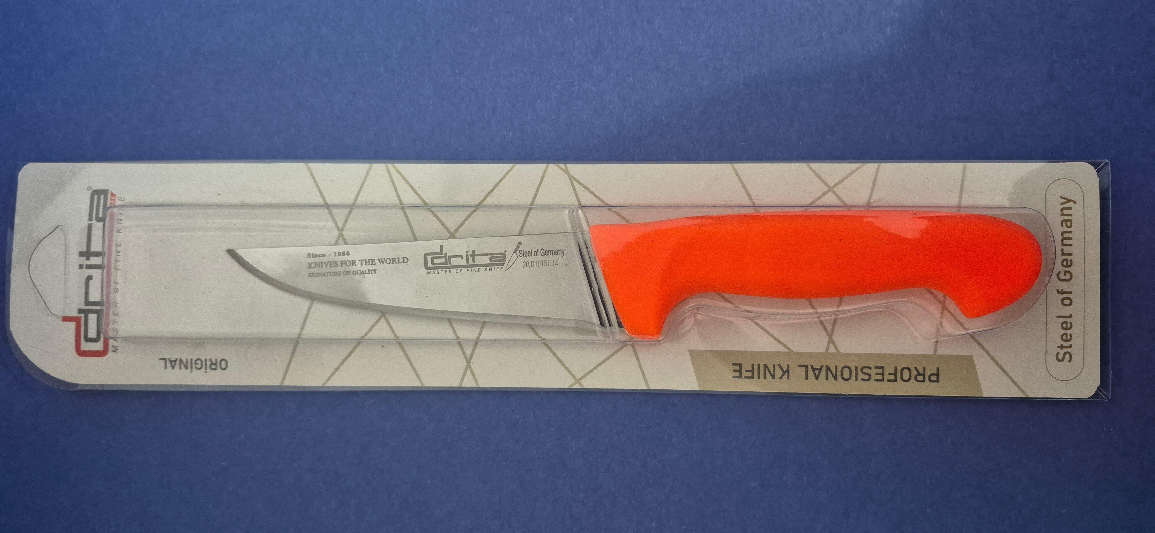 Fibrox Kaymaz Saplı Kasap Bıçağı 14 cm No.1 Hulusi - Drita Bıçak 36mm X 140mm X 3mm 10151.14 (TURUNCU RENK)