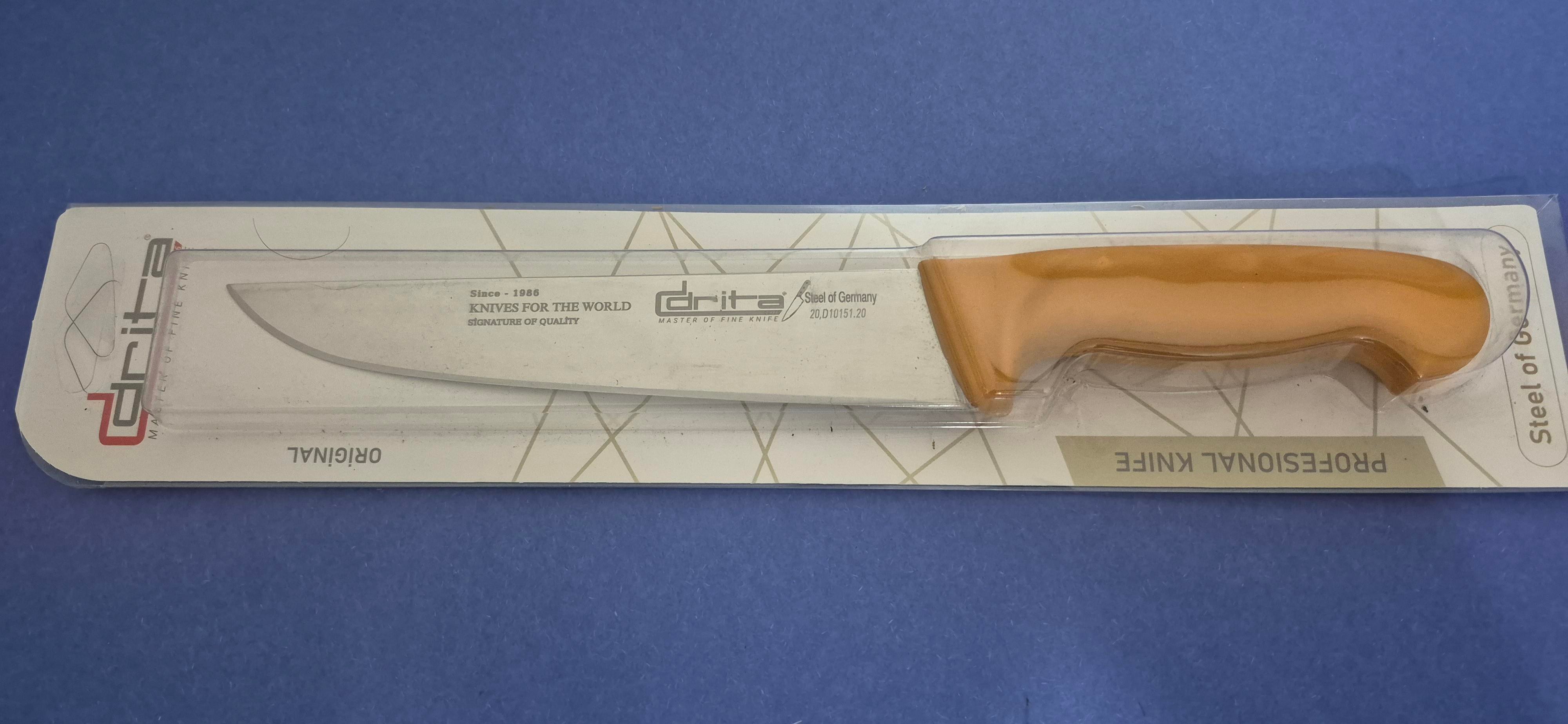 Fibrox Kaymaz Saplı Kasap Bıçağı 20 cm No.4 Hulusi - Drita Bıçak 40mm X 200mm X 3mm 10151.20 (SARI RENK)