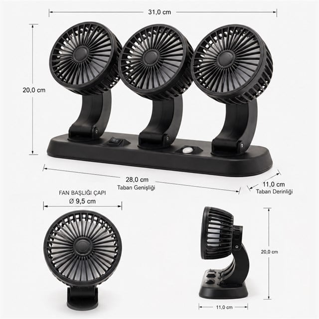 Powermaster FAN40 Araç İçi Vantilatör Fanı 12 Volt Çakmaklık Girişli 3 Başlıklı 360 Derece