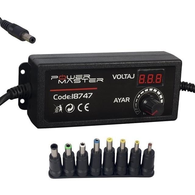 Powermaster PM-18747 3 Volt - 24 Volt - 2 Amper Çok Uçlu Dijital Ekranlı Ayarlı Kademeli Adaptör