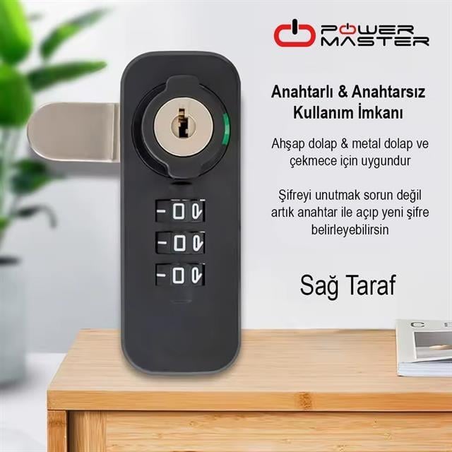 PowerMaster PM-26726 3 Haneli Şifreli Ve Anahtarlı Mekanik Siyah Çekmece Dolap Kilidi (Sağ)