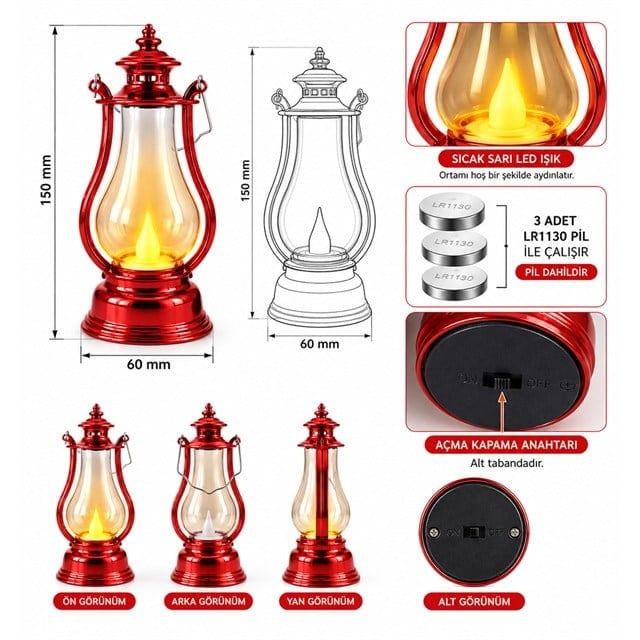 Powermaster PM-38887 Nostaljik LED Mini Gaz Lambası Tasarımlı Pilli Dekoratif Aydınlatma