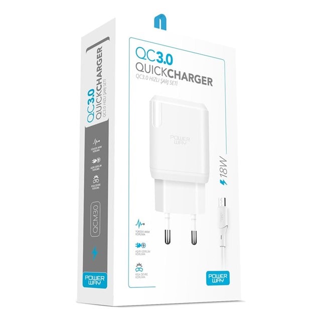 Powerway QCM30 18W Hızlı Şarj Adaptörü + Micro USB Kablo Seti