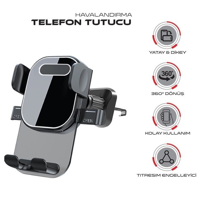 Powerway TT49 Araç İçi Petek Klima İçin Kıskaçlı Destekli Telefon Tutucu