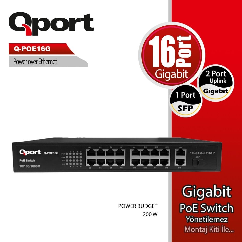Qport Q-POE16G 16 Port 10/100/1000 2 Port 10/100/1000 Uplink 1 Port SFP POE Switch Q-POE16G