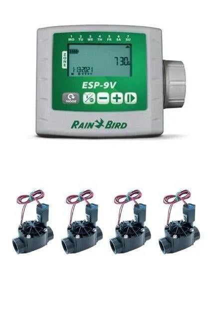 Rain Bird ESP‑9V Pilli Kontrol Ünitesi ve Solenoid Vana Seti – 4 İstasyon / 4 Vana