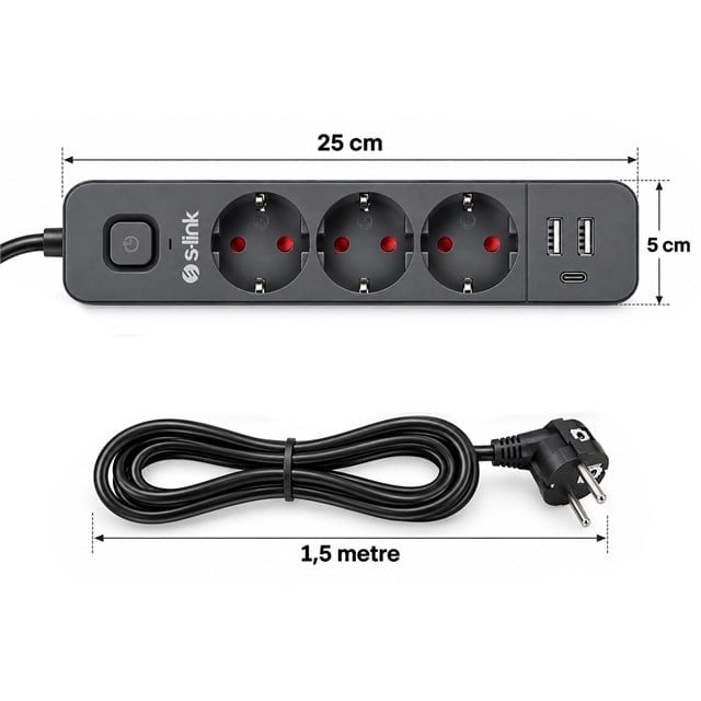 S-Link SPG03U 2 Usb + 1 Type C 5V2.4A 3X1.0mm Bakır 1.5M Kablo 750 Joule 3'lü Anahtarlı Siyah Akım Korumalı Priz