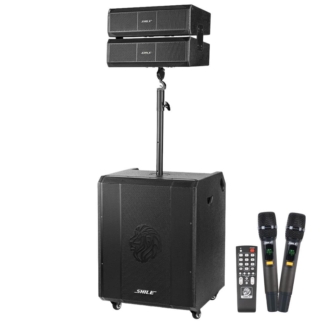 Shile SL-9 400W Aktif Kule Ses Sistemi 2 Adet Kablosuz Mikrofonlu Tekerlekli MDF Kasa Bluetooth/TWS/DSP Destekli PA Seti