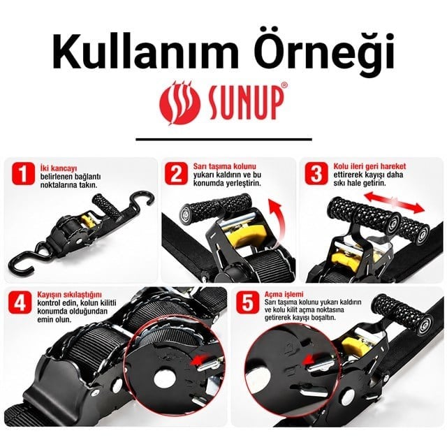 Sunup SN-37789 3 Metre Otomatik Cırcırlı Bağlama Kayışı Spanzet Kaydırmaz Tutamaklı Dayanıklı Çelik Gövde 230KG