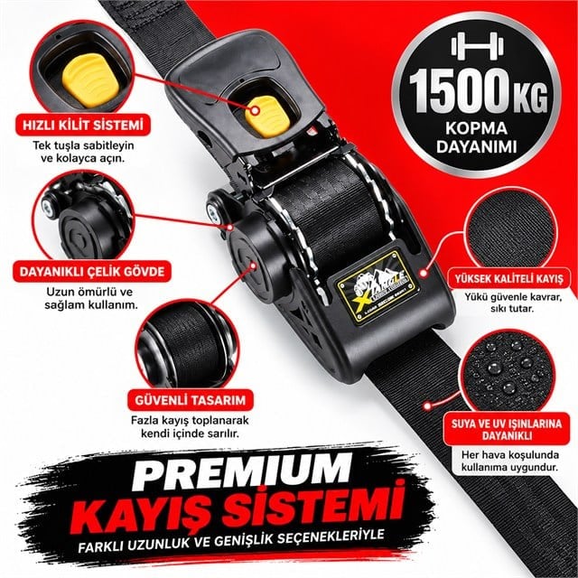 Sunup SN-37790 Otomatik Geri Sarımlı Cırcırlı Yük Bağlama Kayışı Halatı 3 Metre 2 Ton