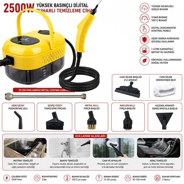 Sunup SN-37875 2500W Yüksek Basınçlı Ayarlanabilir Dijital Buharlı Temizleme Cihazı 1 Litre Su Hazneli