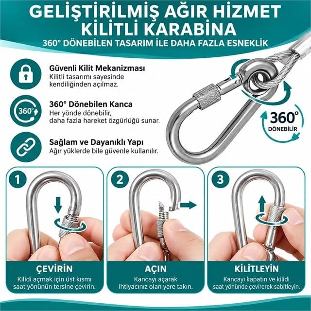 SUNUP SN-38108 10 Metre Çelik Köpek Bağlama Halatı Kilitli Karabina PVC Kaplamalı