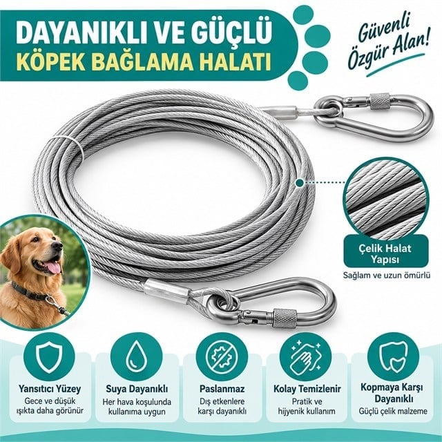 SUNUP SN-38108 10 Metre Çelik Köpek Bağlama Halatı Kilitli Karabina PVC Kaplamalı