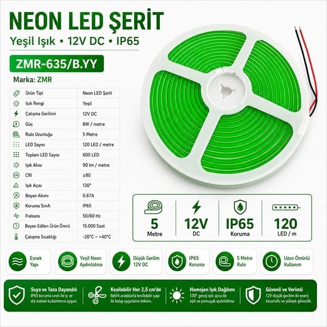 ZMR ZMR-635/B.YY Neon LED Şerit Yeşil 12 Volt 120 LED'li 5 Metre