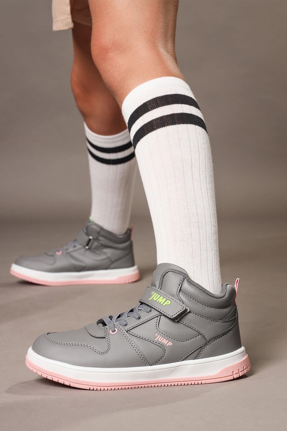27758 Cırtlı Yüksek Bilekli Gri - Somon Pembe Kız Çocuk Sneaker Günlük Spor Ayakkabı