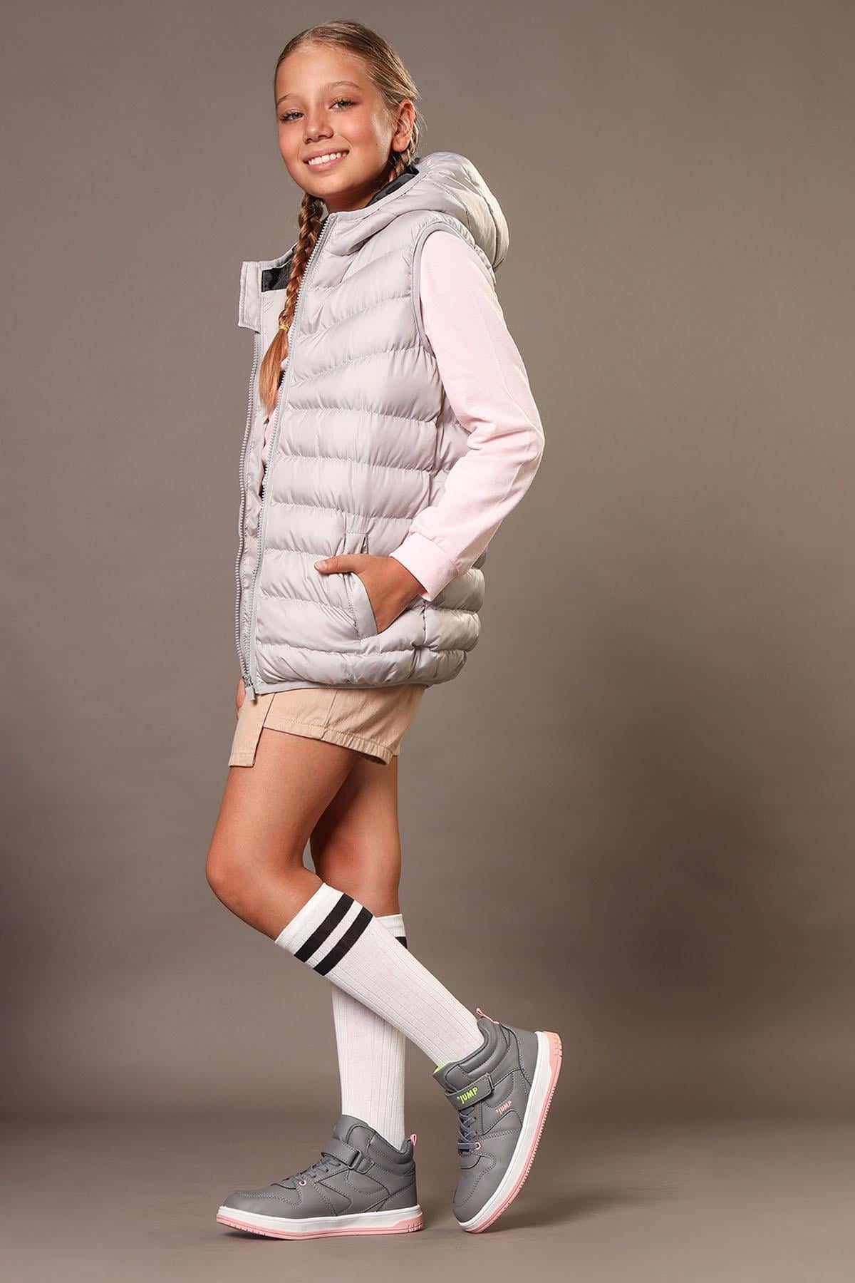 27758 Cırtlı Yüksek Bilekli Gri - Somon Pembe Kız Çocuk Sneaker Günlük Spor Ayakkabı