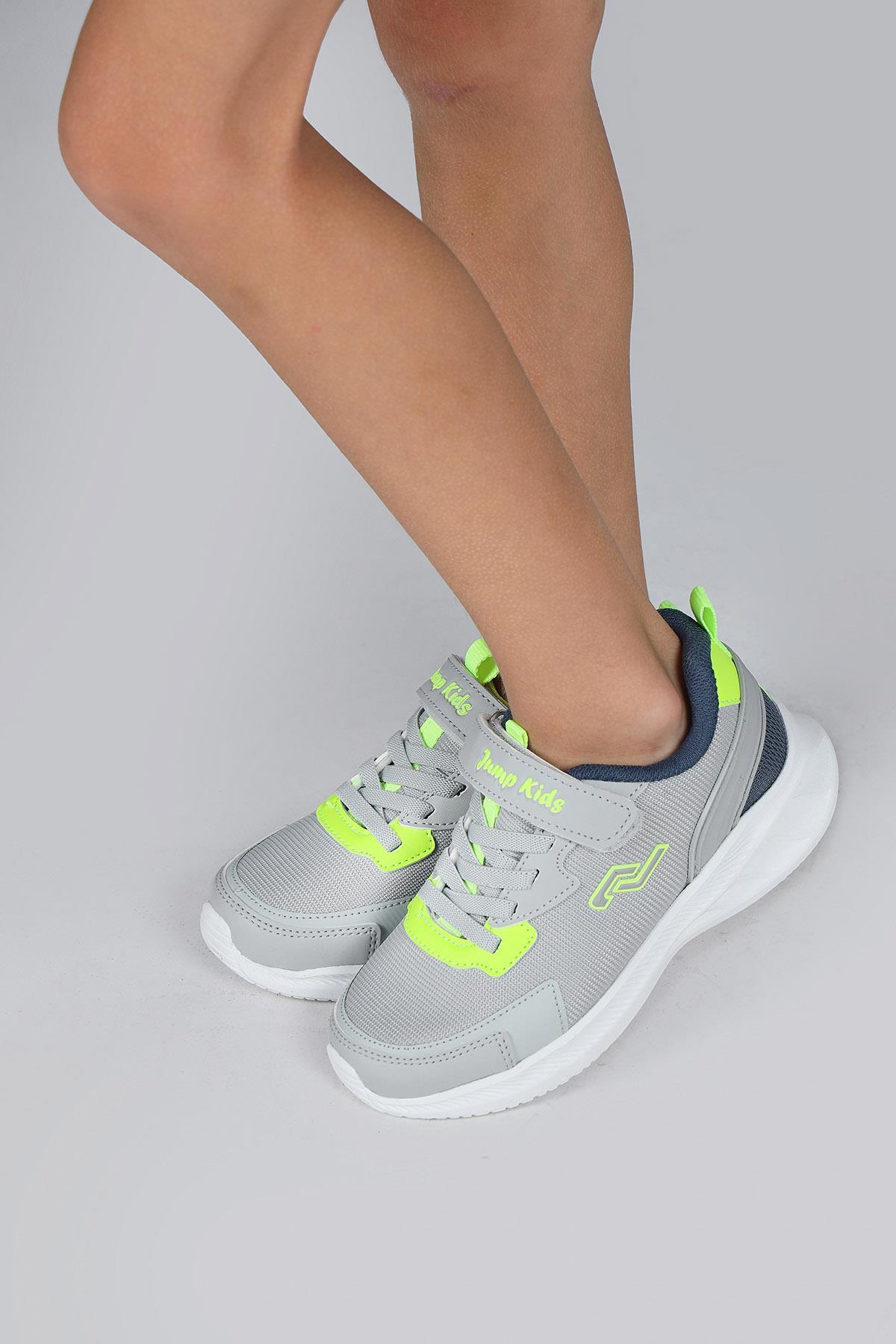 28106 Cırtlı Açık Gri - Neon Yeşil Üniseks Çocuk Sneaker Günlük Spor Ayakkabı
