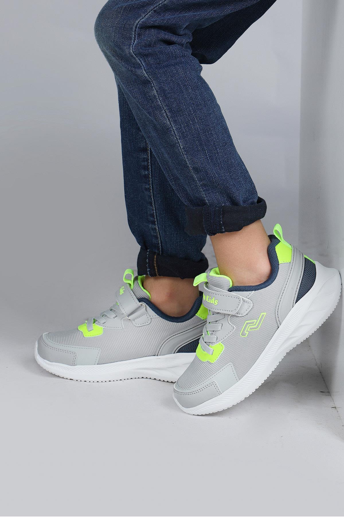 28106 Cırtlı Açık Gri - Neon Yeşil Üniseks Çocuk Sneaker Günlük Spor Ayakkabı