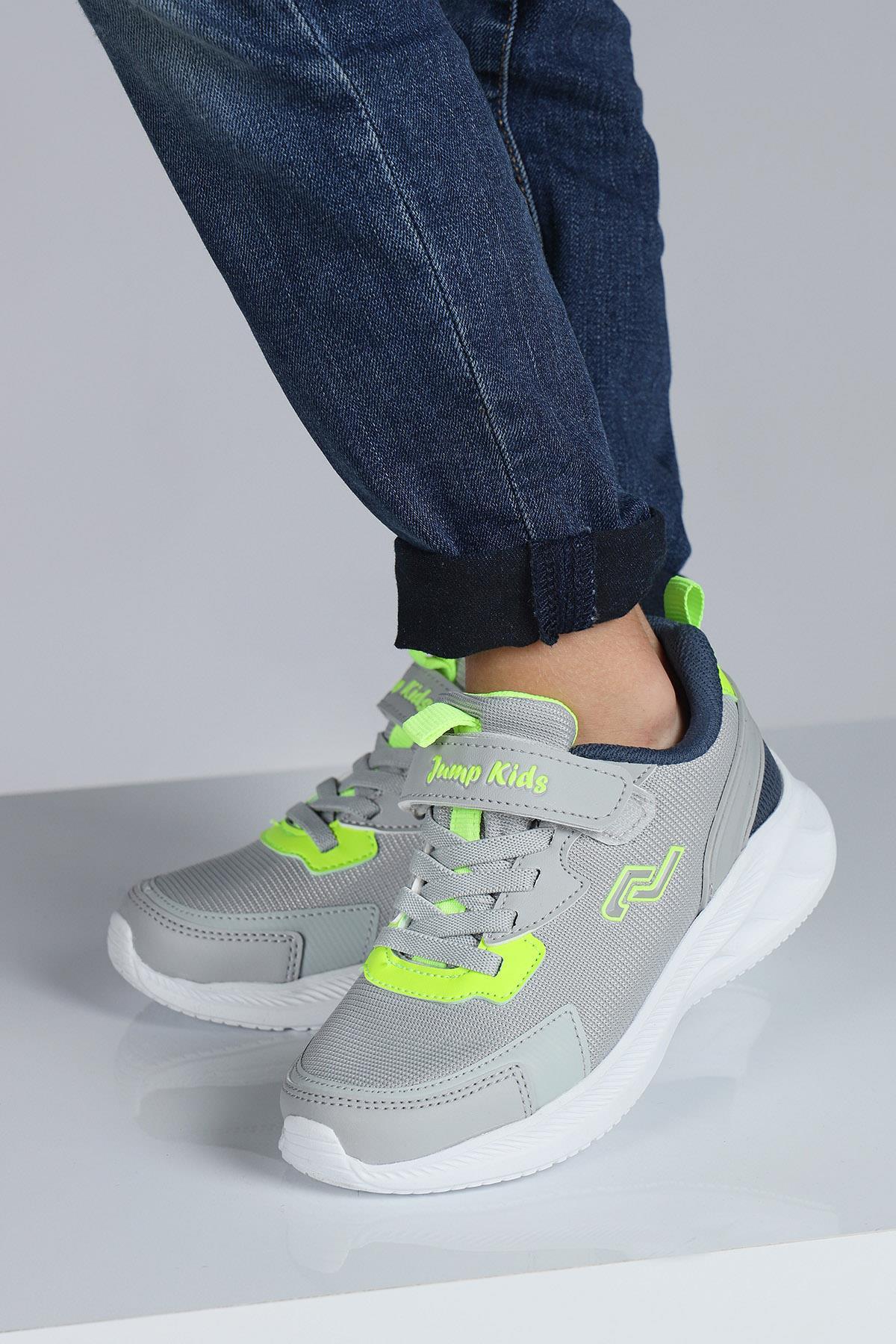 28106 Cırtlı Açık Gri - Neon Yeşil Üniseks Çocuk Sneaker Günlük Spor Ayakkabı