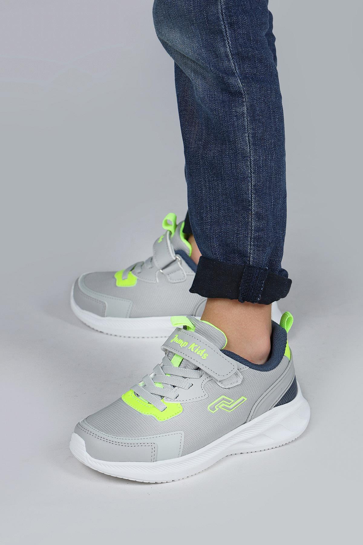 28106 Cırtlı Açık Gri - Neon Yeşil Üniseks Çocuk Sneaker Günlük Spor Ayakkabı
