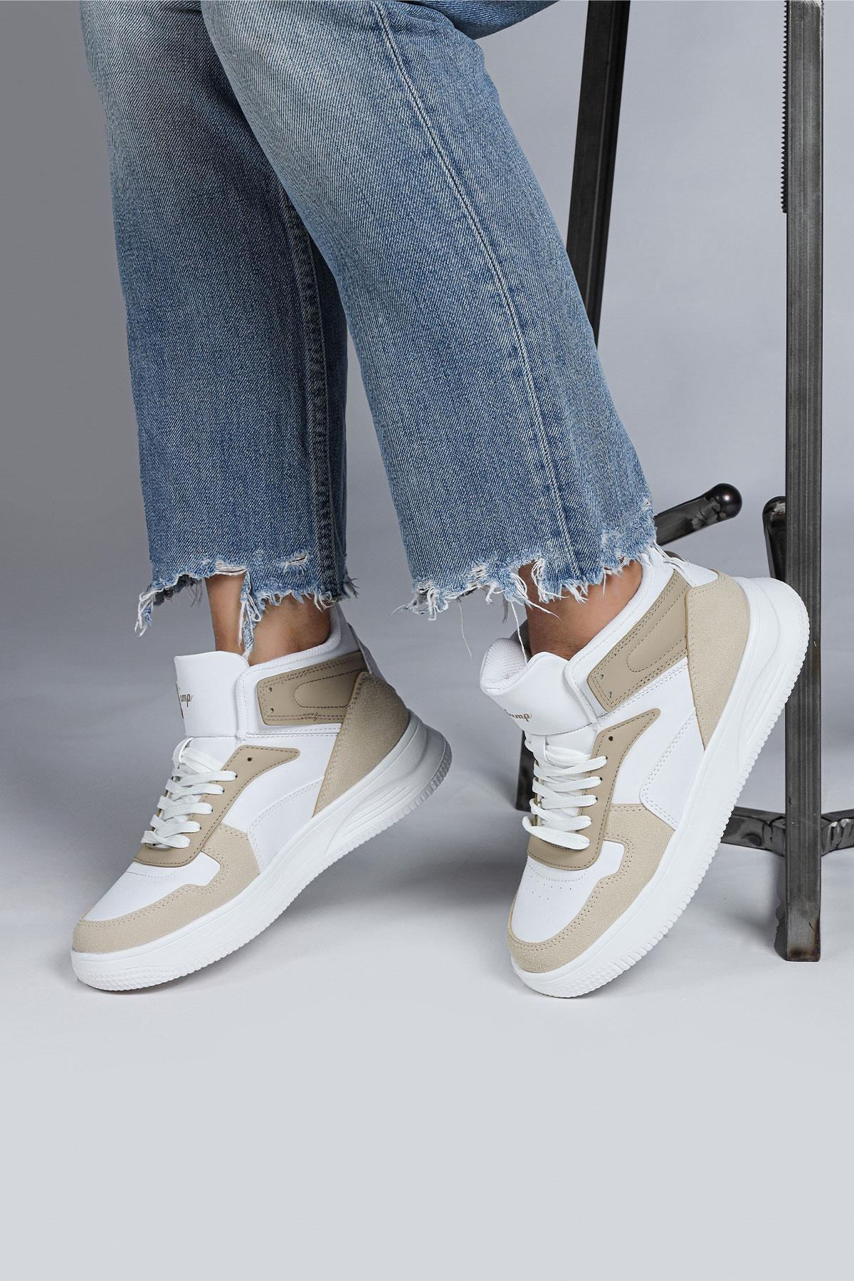 29100 Yüksek Bilekli Bej - Beyaz Kadın Sneaker Günlük Spor Ayakkabı