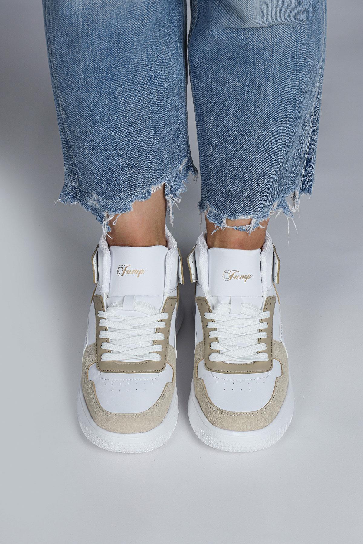 29100 Yüksek Bilekli Bej - Beyaz Kadın Sneaker Günlük Spor Ayakkabı