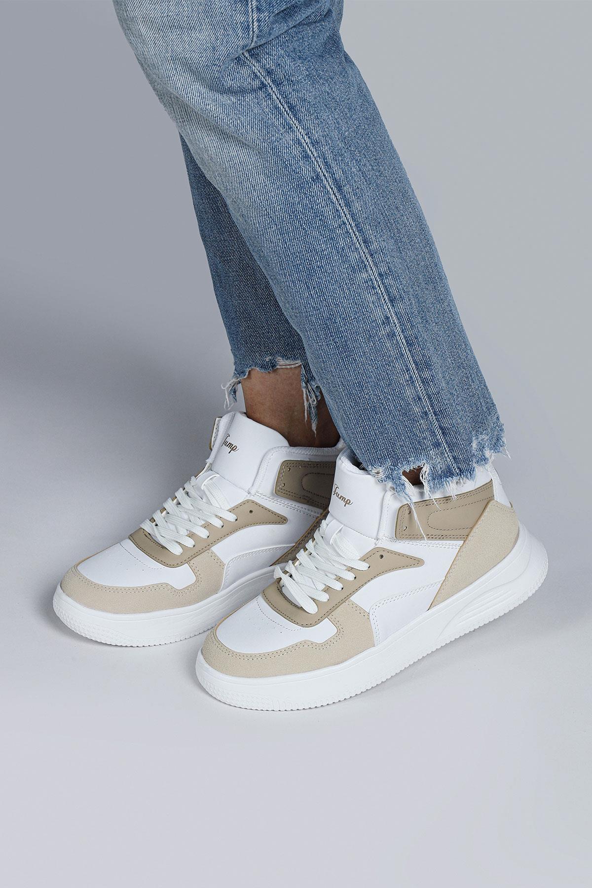29100 Yüksek Bilekli Bej - Beyaz Kadın Sneaker Günlük Spor Ayakkabı
