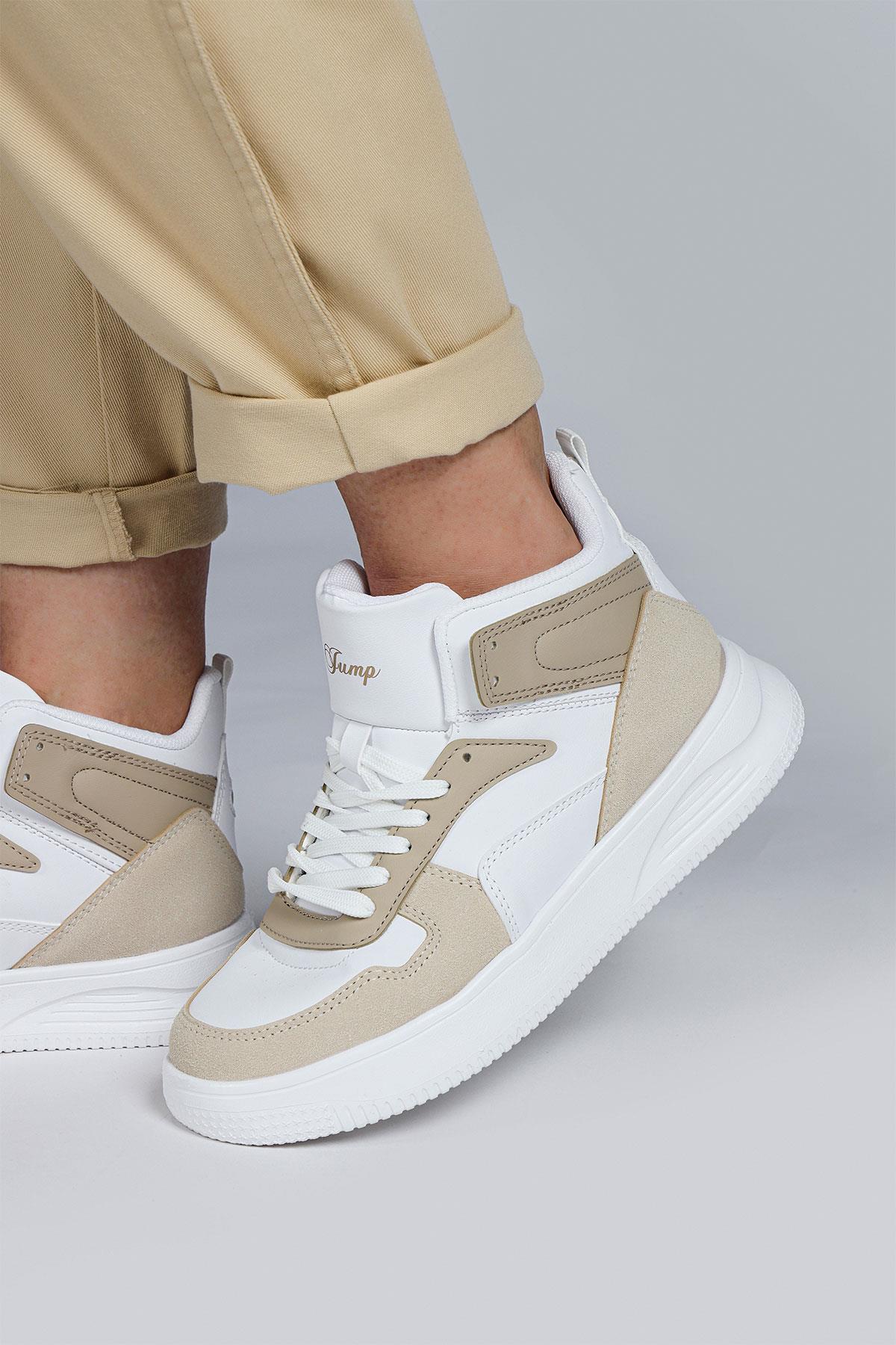 29100 Yüksek Bilekli Bej - Beyaz Kadın Sneaker Günlük Spor Ayakkabı
