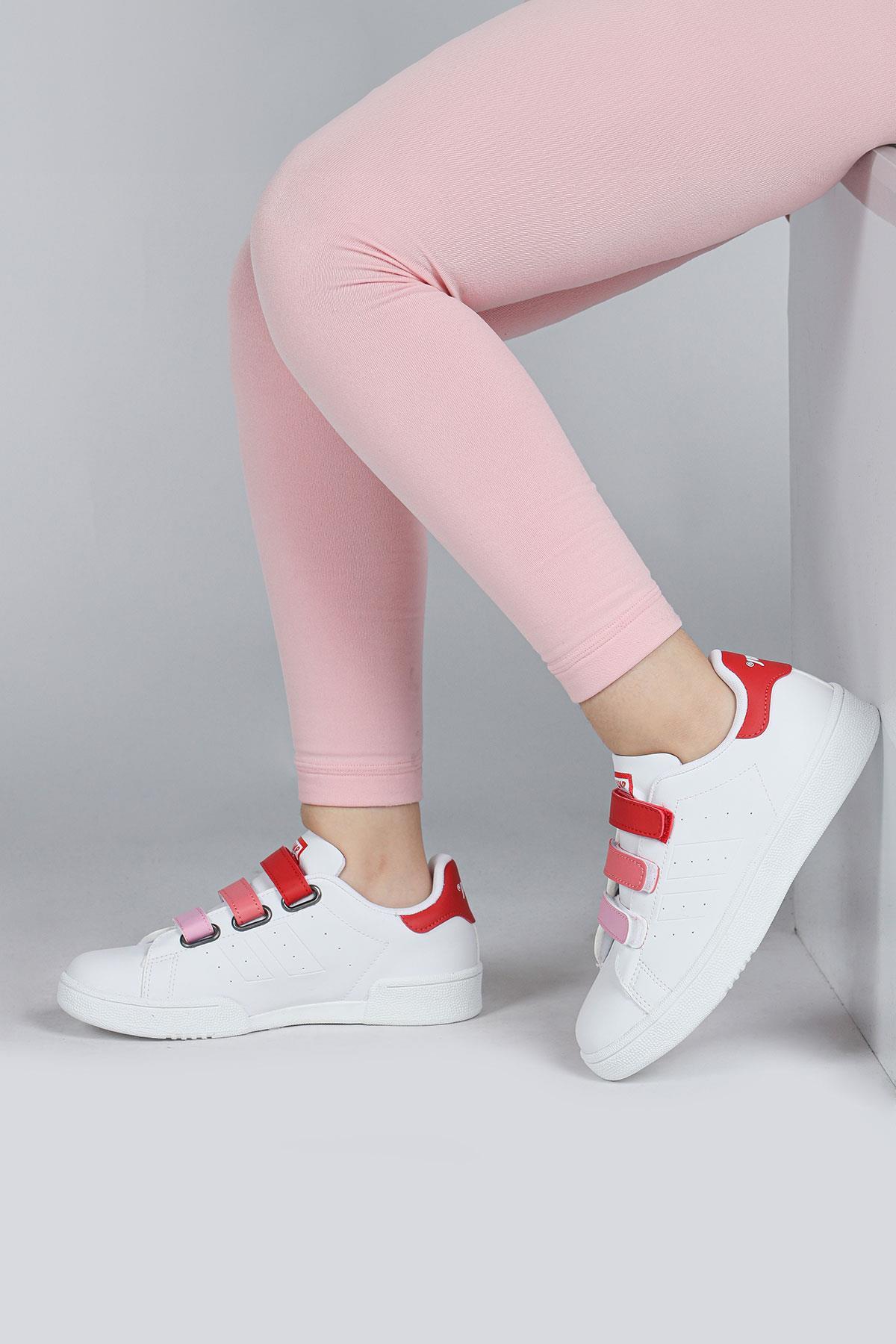 30110 Kırmızı - Beyaz Cırtlı Kız Çocuk Sneaker Günlük Spor Ayakkabı