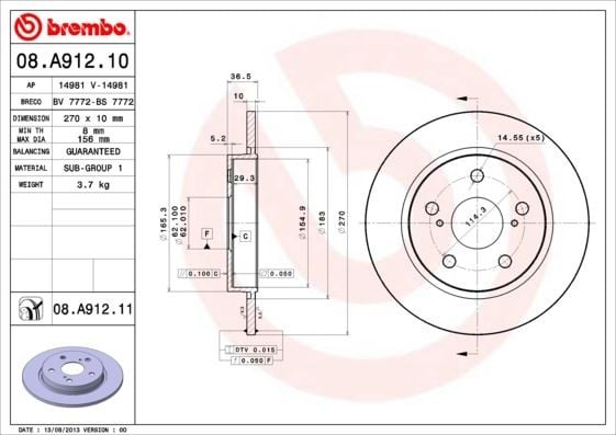 ARKA FREN DİSKİ DOLU TİP TOYOTA AURIS COROLLA 1.4L 1NDTV NDE150 NDE180 D-4D dizel 07-> / 1.33L 1NR-FE NRE180 12-> - 270 ÇAP X 5 BİJON - Adet disk fiyatıdır