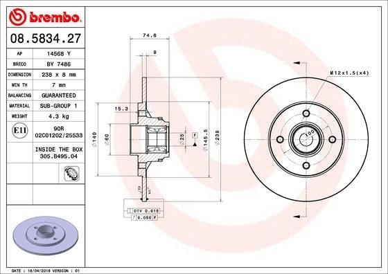 FREN DİSKİ ARKA RENAULT CLIO II 98>05 MEGANE I 96> R19 238x8x7MM RULMANLI ABS SENSÖRLÜ