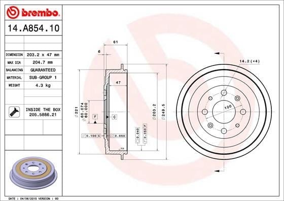FREN KAMPANASI ARKA FIAT GRANDE PUNTO 05> PUNTO 12> PUNTO EVO 09>12 OPEL CORSA D 06>14 ADAM 12>19 203.2 / 47 MM