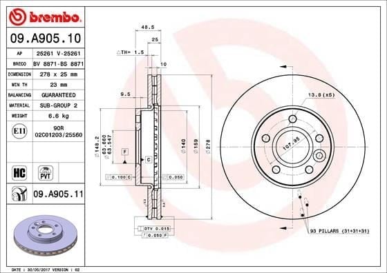 ON FREN AYNASI DISK FOCUS III 11 FOCUS II 04>11 C MAX 03>07 VOLVO C30 06>12 C70 06>13 S40 II 04>12 V50 05>12 278x25x5DLxHVLI