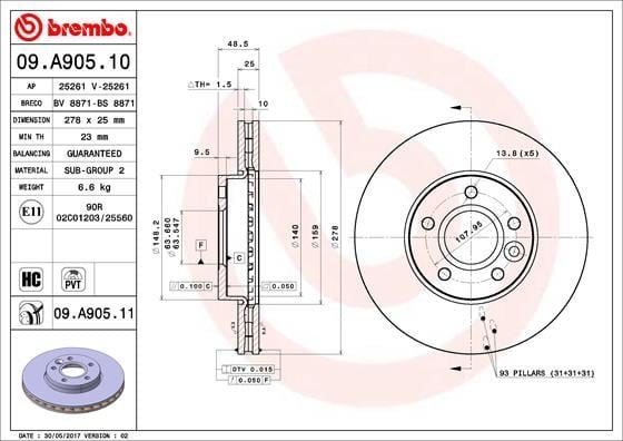 ON FREN AYNASI DISK FOCUS III 11 FOCUS II 04>11 C MAX 03>07 VOLVO C30 06>12 C70 06>13 S40 II 04>12 V50 05>12 278x25x5DLxHVLI