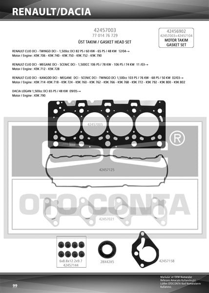ÜST TAKIM CONTASI CLIO-KNG-MGN-LOGAN-SANDERO 1.5DCI K9K 712-714-718-724-760 TEFLON KEÇELİ SUB.LAS