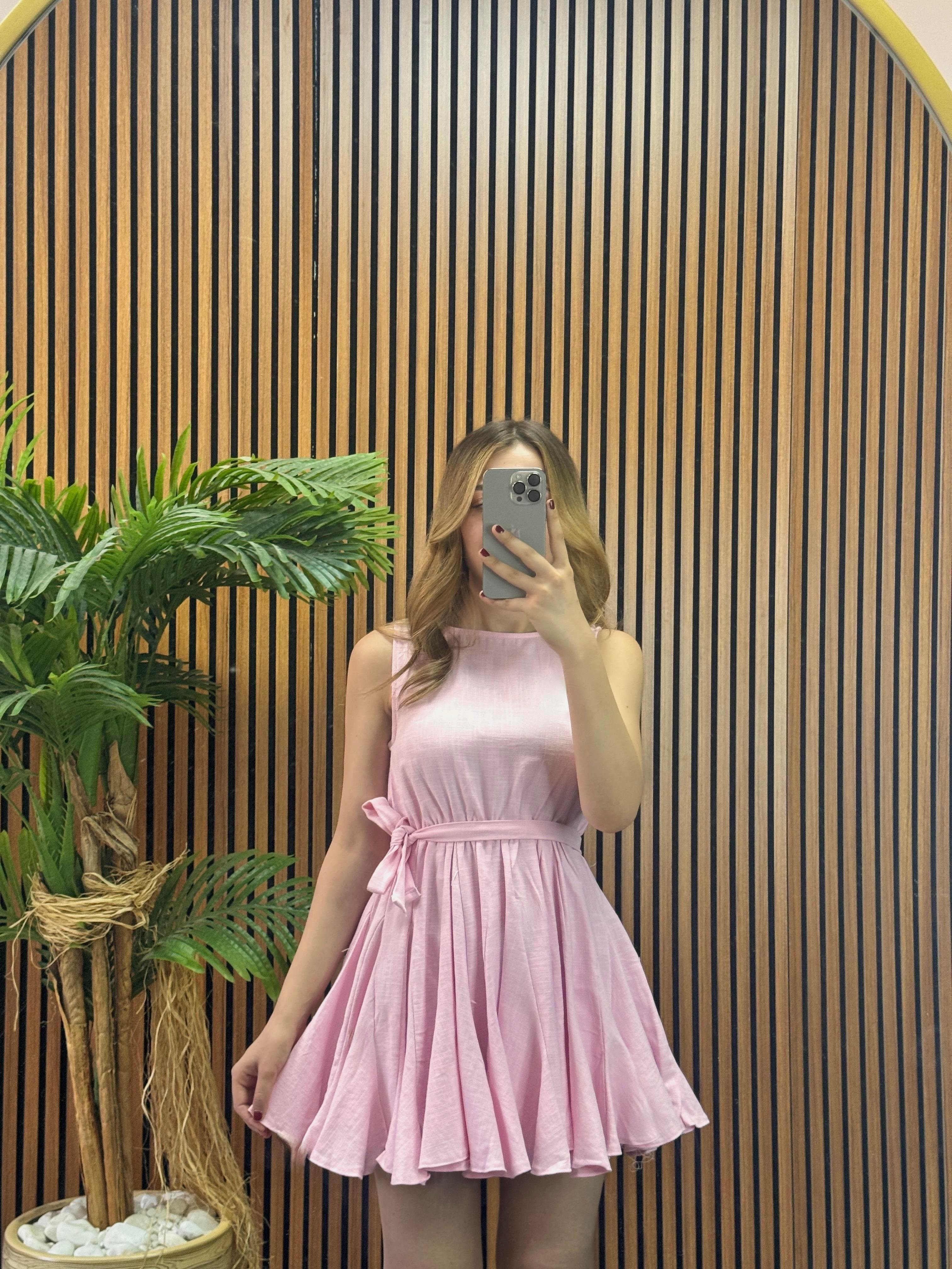 pembe mini keten elbise