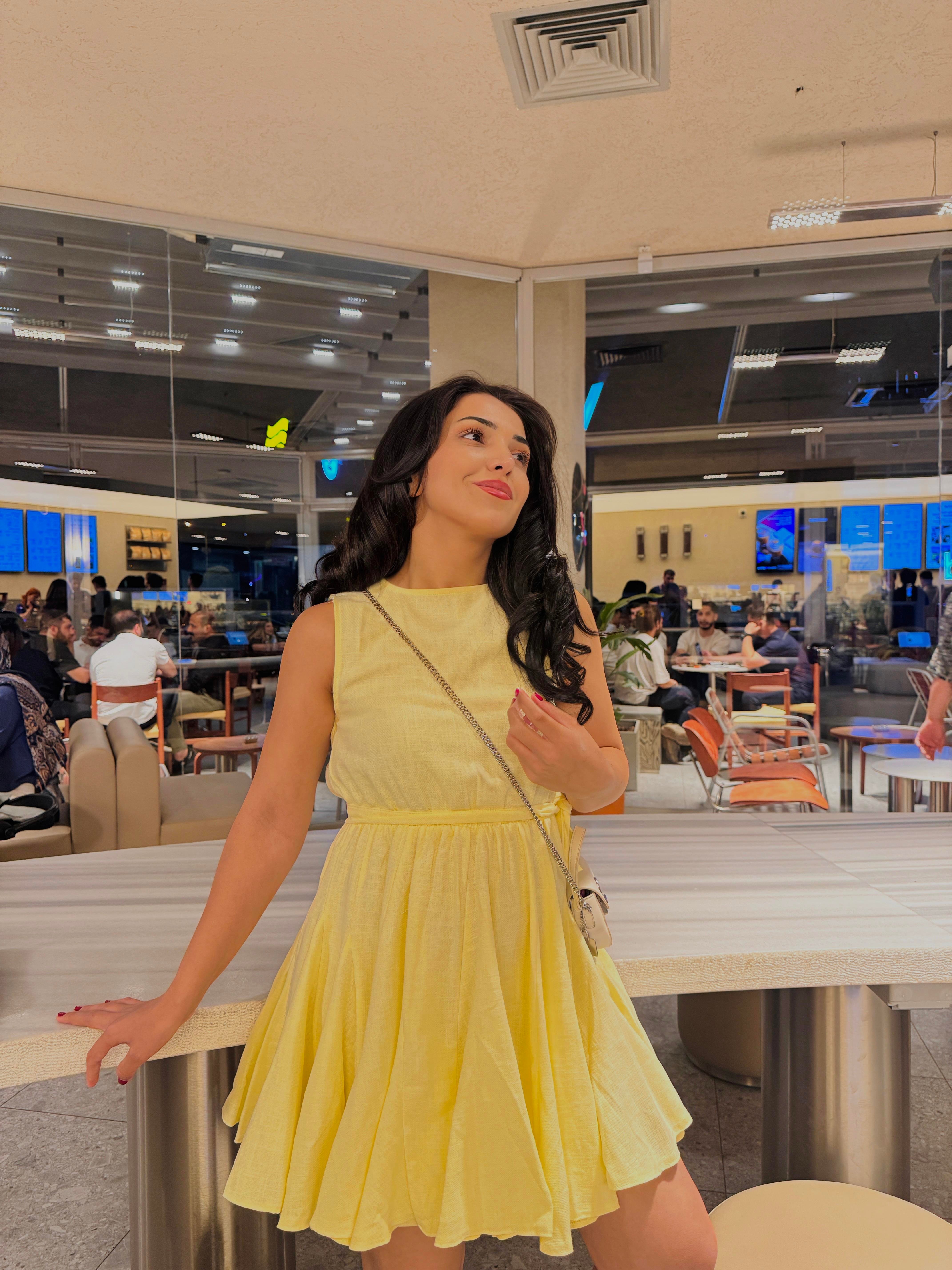 sarı mini keten elbise