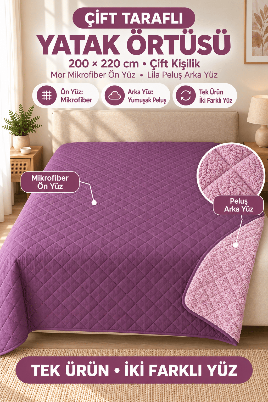 Cloud Soft Çift Taraflı Mikrofiber Peluş Çift Kişilik Yatak Örtüsü 200x220 cm