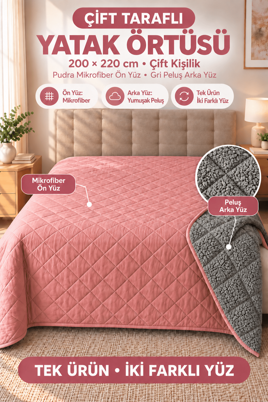 Cloud Soft Çift Taraflı Mikrofiber Peluş Çift Kişilik Yatak Örtüsü 200x220 cm