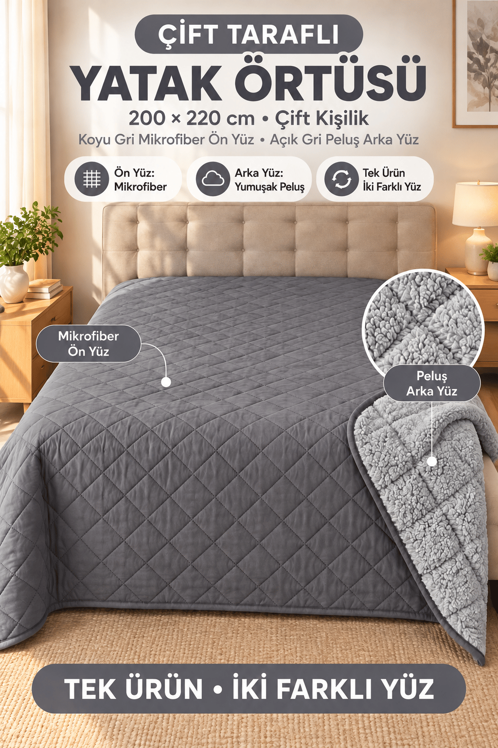 Cloud Soft Çift Taraflı Mikrofiber Peluş Çift Kişilik Yatak Örtüsü 200x220 cm
