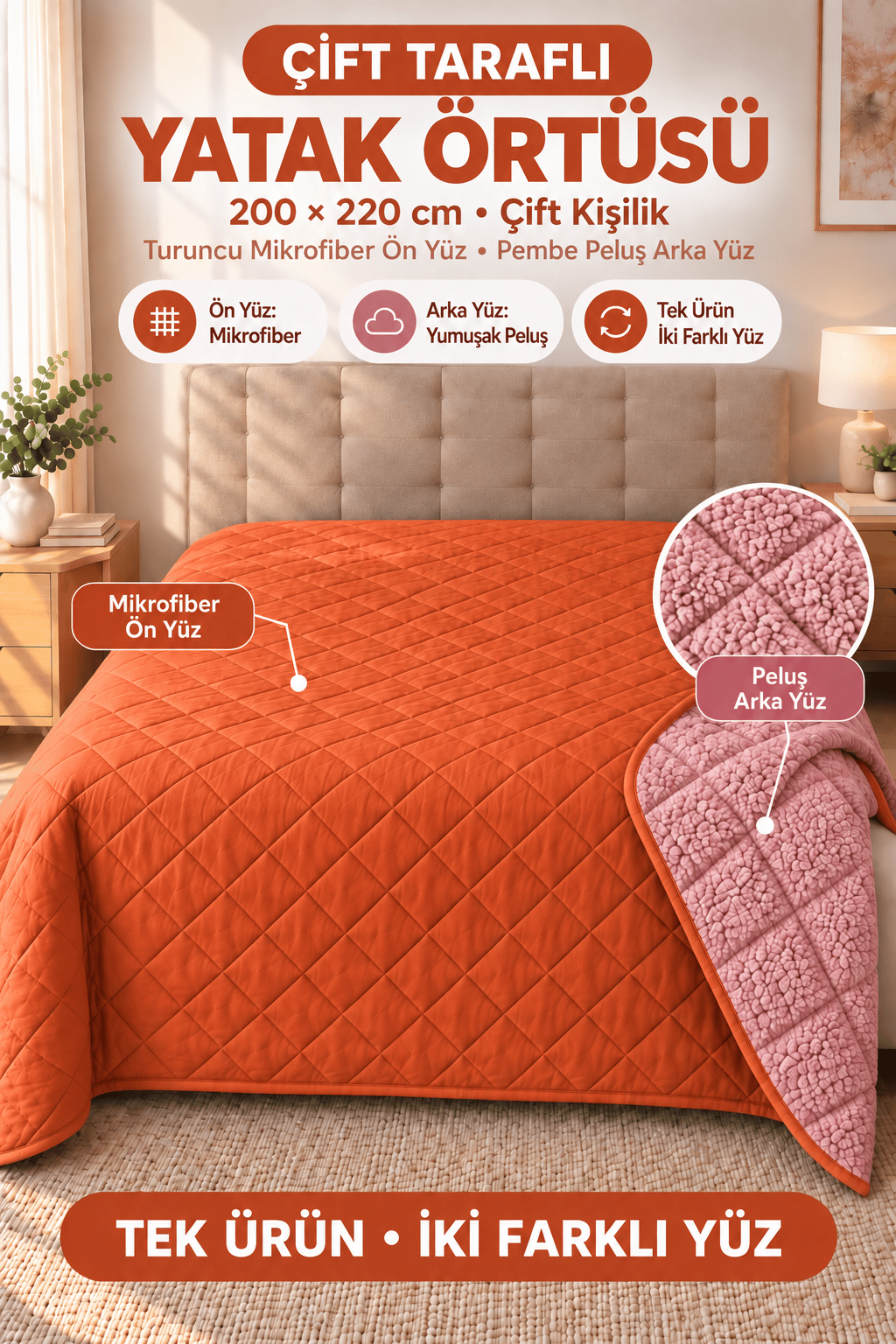 Cloud Soft Çift Taraflı Mikrofiber Peluş Çift Kişilik Yatak Örtüsü 200x220 cm