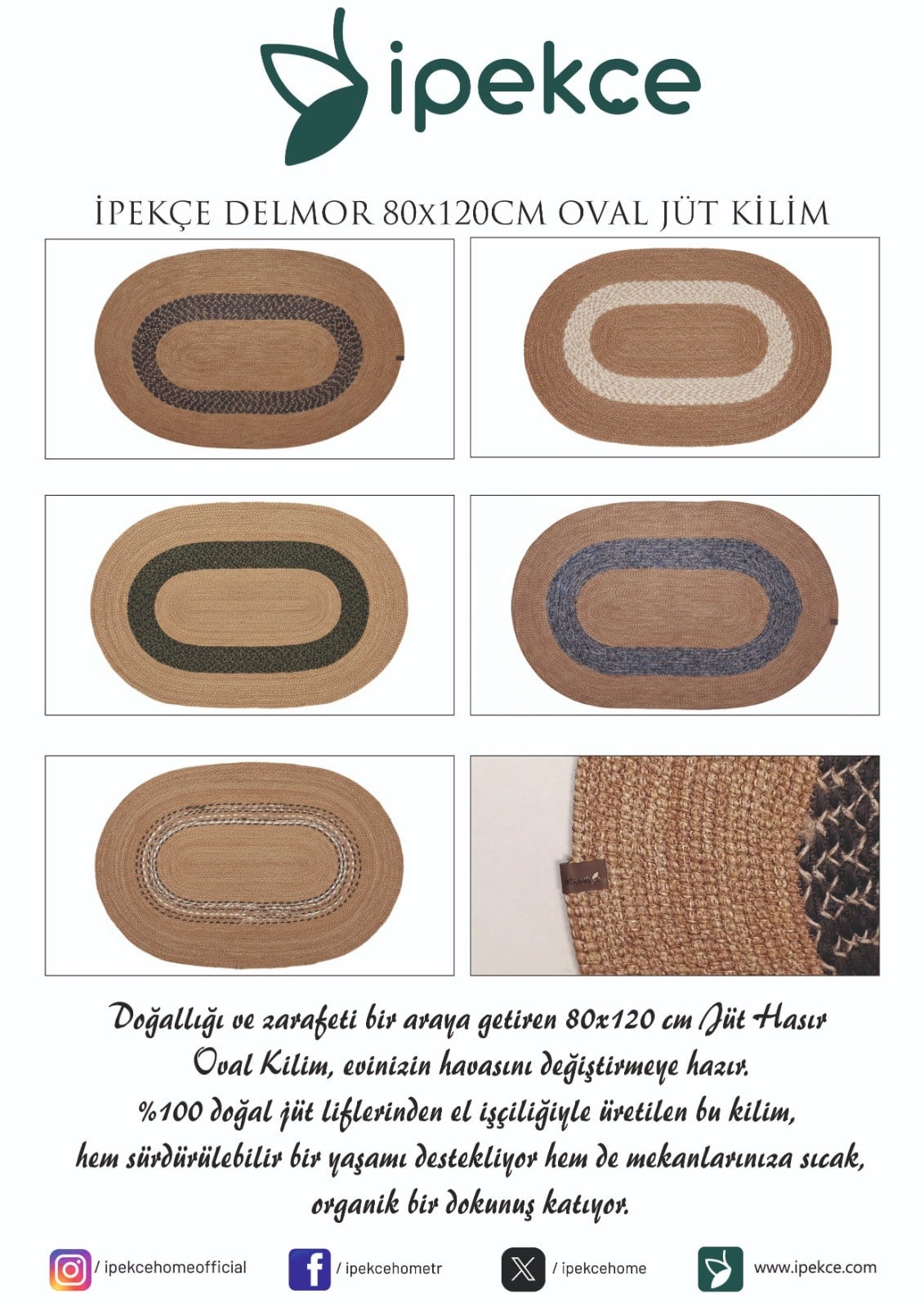 İpekçe Delmor Model Jüt Pamuklu Oval Kilim