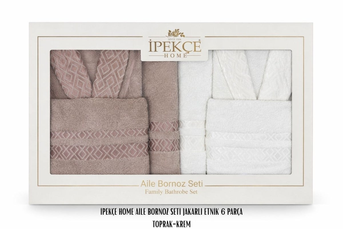 İpekçe Jakarlı Etnik Aile Bornoz Seti - 6 Parça %100 Pamuk Toprak-Krem