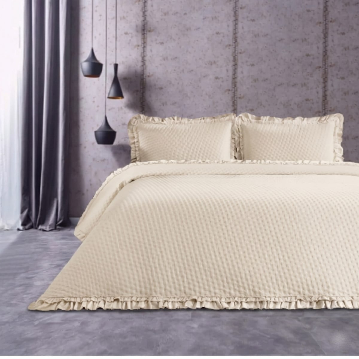 İpekçe Krem Fırfırlı Yatak Örtüsü - Natural Seri 180x240 cm Tek Kişilik 2 Parça Pamuklu Dokulu Örtü Seti