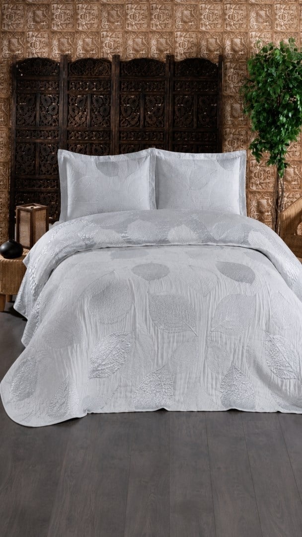 İpekçe Nakışlı Spring 3 Parça Çift Kişilik Yatak Örtüsü Seti - 250x260 cm Queen Boy Gümüş