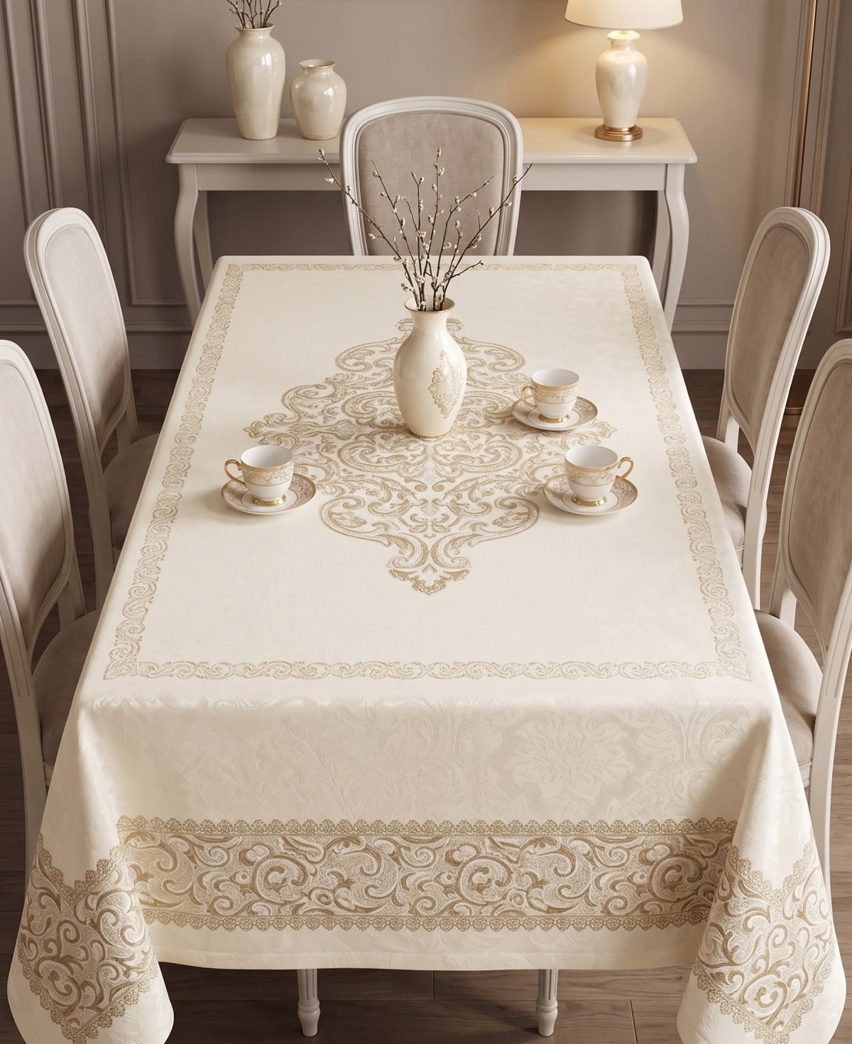 İpekçe Teflon Jakarlı Damask Masa Örtüsü 160x220 cm - Krem Leke Tutmaz Lüks Yemek Masası Örtüsü