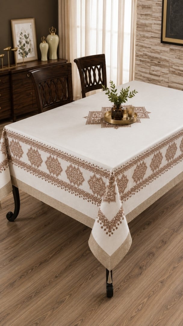 İpekçe Tuğra Serisi Masa Örtüsü 160x220 cm - Kapuçino Leke Tutmaz Lüks Salon Masa Örtüsü