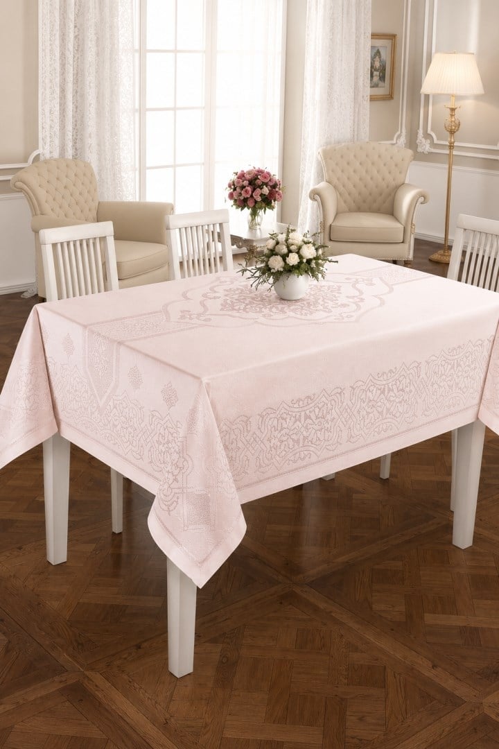 İpekçe Vera Jakarlı Masa Örtüsü 160x220 cm - Pudra Leke Tutmaz Lüks Salon Masa Örtüsü