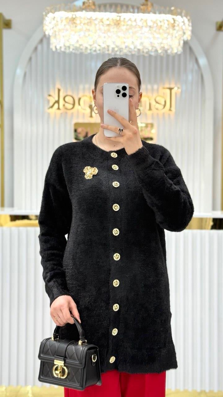Angora Broşlu Uzun Ceket 7668