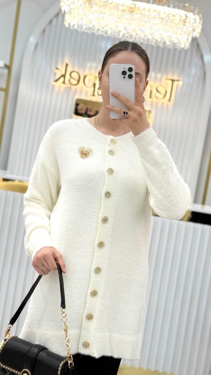 Angora Broşlu Uzun Ceket 7668
